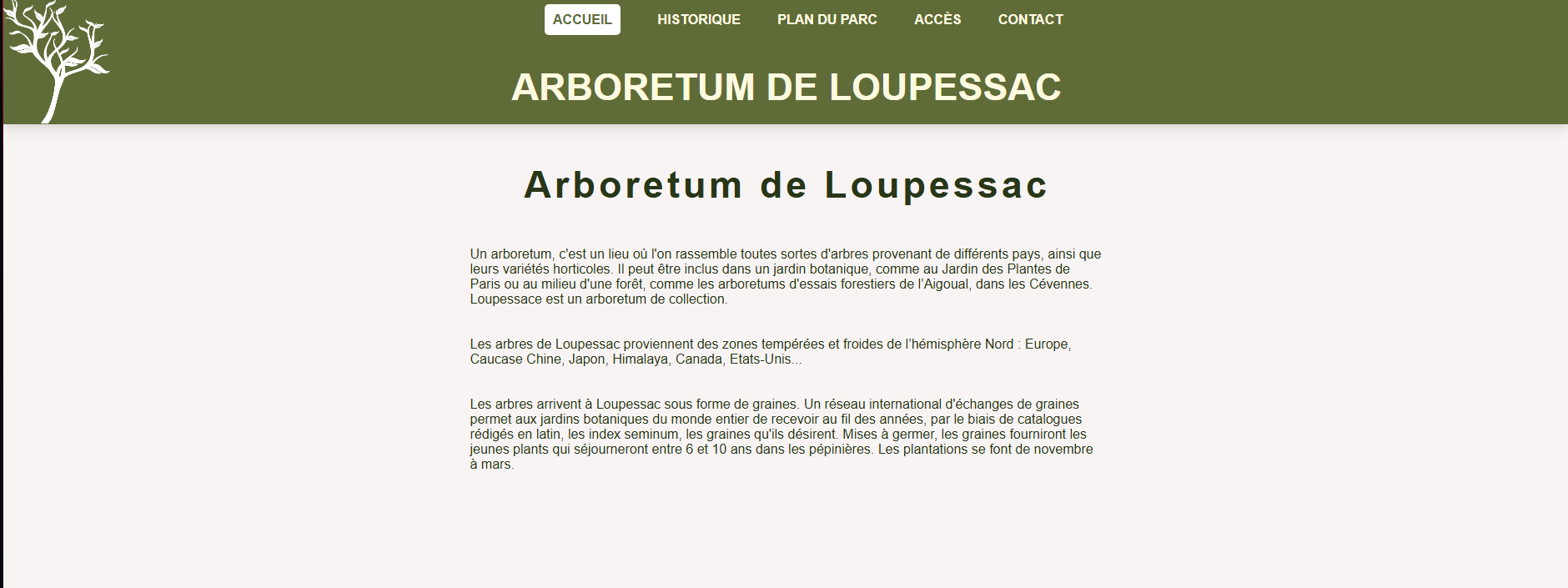 Capture d'écran du site Arboretum de créé par Julie BOUILLON